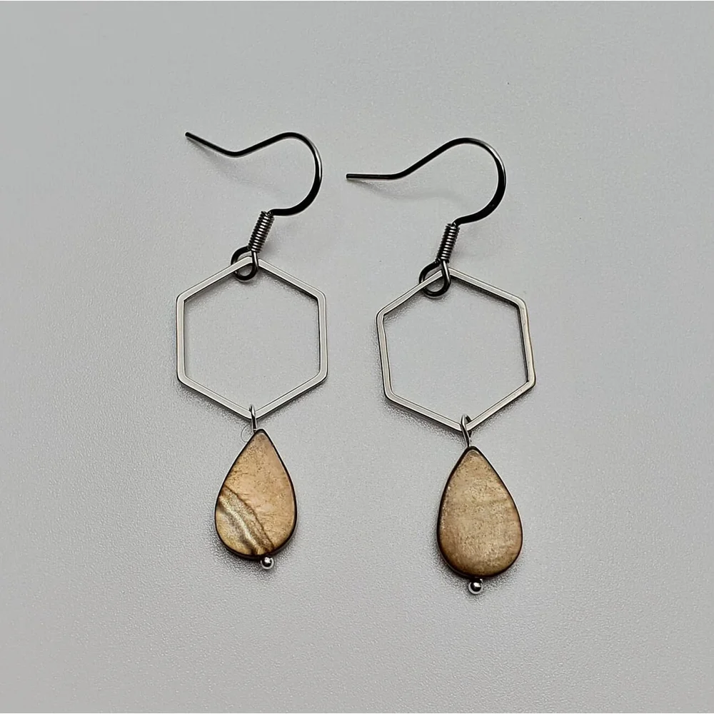 Modern Hexagon Earrings Brown Teardrop Shell Anti-Tarnish Stainless Steel Hooks